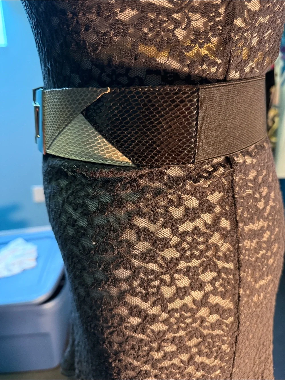 Women's Metallic Snakeskin Elastic Belt with Silver Buckle